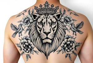 powerful majestic lion with a crown, surrounded by floral ornaments and birds tattoo idea