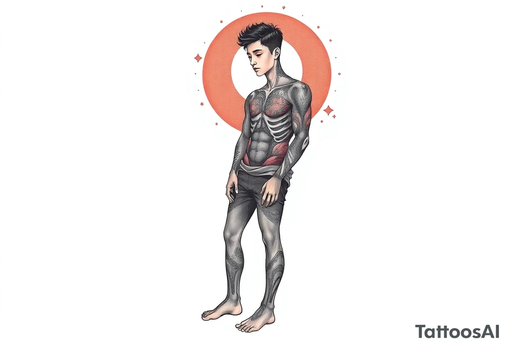 Handsome Asian young guy is standing on his knees and looking down tattoo idea