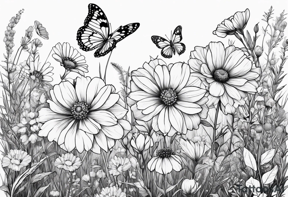 Wildflowers, prairie plants, butterflies tattoo idea