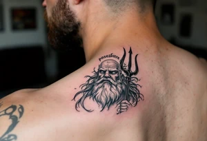 funny poseidon, behind a trident, looking at the sky tattoo idea