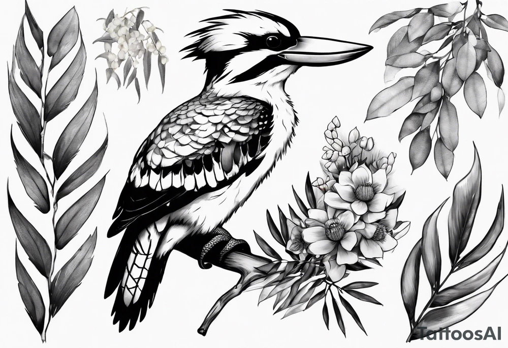 kookaburra sitting on wattle and eucalyptus leaves tattoo idea