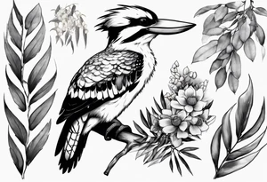 kookaburra sitting on wattle and eucalyptus leaves tattoo idea
