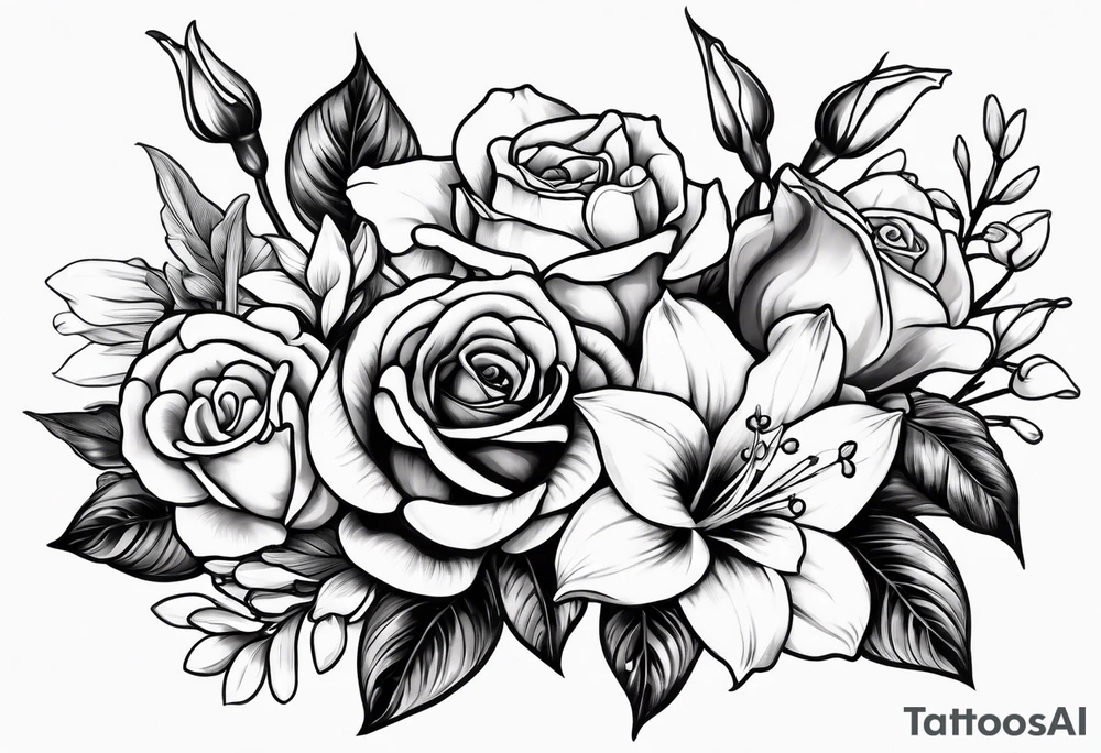 rose, violet, lilly of the valley, gladiolus, and narcissus tattoo idea