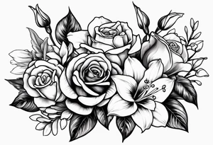 rose, violet, lilly of the valley, gladiolus, and narcissus tattoo idea