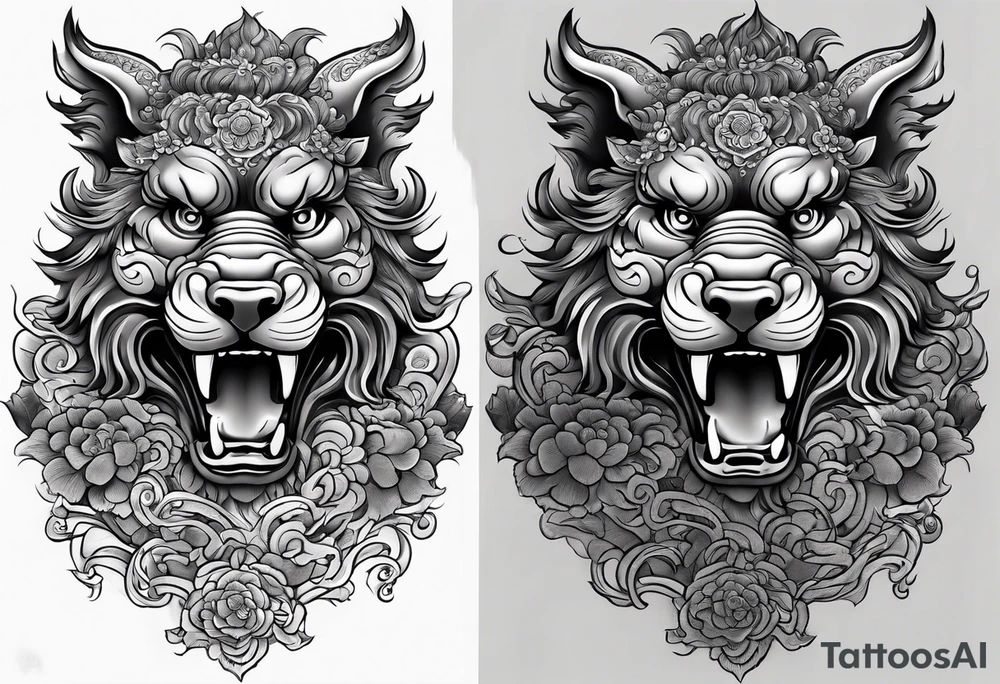 foo dog full body leg sleeve tattoo idea