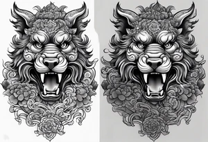 foo dog full body leg sleeve tattoo idea