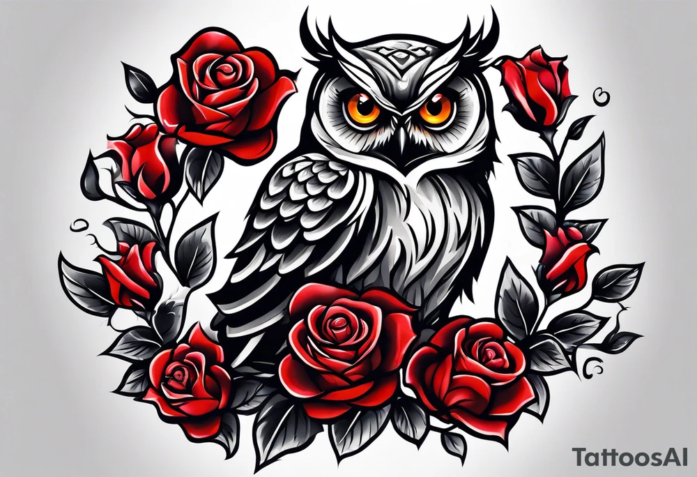 Owl with red roses fore arm tattoo idea