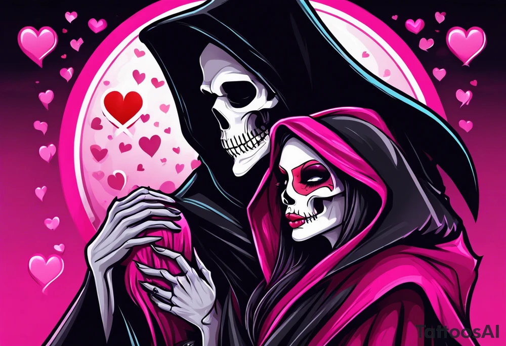 new school tattoo of a male grim reaper with black cloak kissing a female grim reaper in a bright pink cloak with small hearts in pink and red surrounding them , her lips turning from a skeleton to the rest of her face turning into normal skin tattoo idea