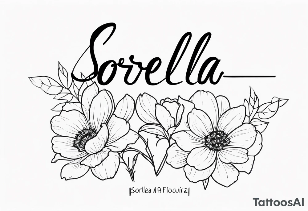 sister tattoo with october and september birth flowers with the word sorella a straight line cursive font connecting the word to the stems of the flowers tattoo idea