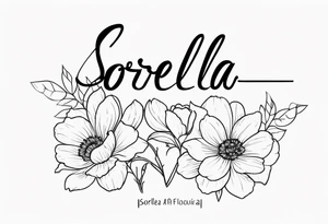 sister tattoo with october and september birth flowers with the word sorella a straight line cursive font connecting the word to the stems of the flowers tattoo idea