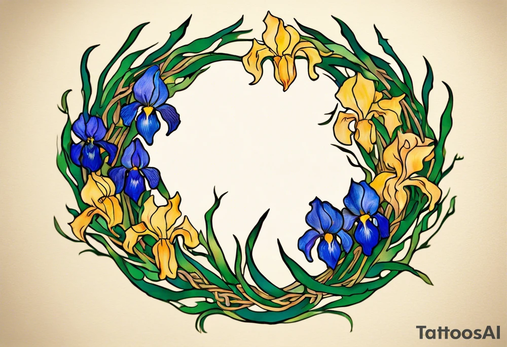 Create a small colorful Vincent van Gogh Irises tattoo in the form of a crescent, with vines or Celtic knots gracefully intertwining at a central point in the middle of the wreath.  In the middle of the wreath are mountains and other items found in New Mexico. Ensure that the design avoids the appearance of a bush and maintains a more structured and deliberate arrangement. The intended placement is on the upper chest. The overall design should be small in size while maintaining a delicate and artistic aesthetic. Pay attention to the graceful flow of the vines and the placement of the irises to achieve a refined and elegant look. tattoo idea