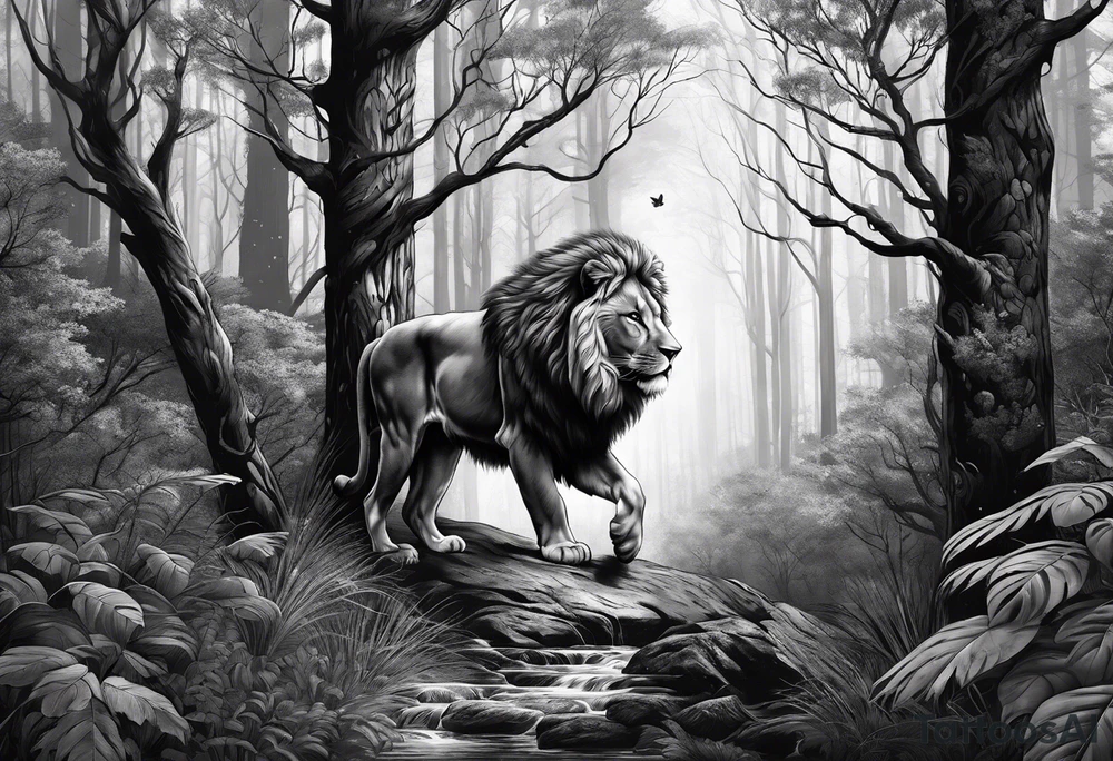 realistic black and gray  dark 
forest with a small lion walking into the forest with a spiritual component tattoo idea