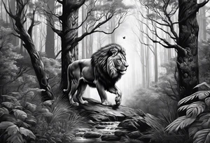 realistic black and gray  dark 
forest with a small lion walking into the forest with a spiritual component tattoo idea