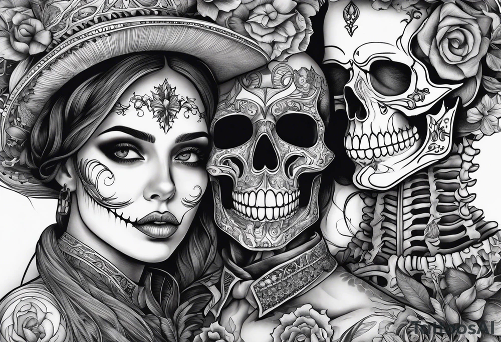 A skeleton and woman together With a quote tattoo idea
