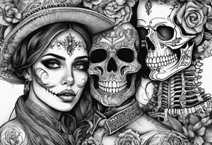 A skeleton and woman together With a quote tattoo idea