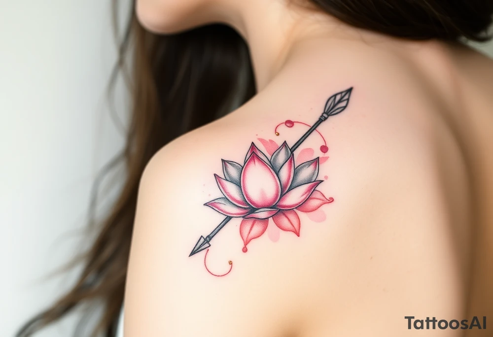 A Sagittarius arrow wrapped in blooming lotus flowers, symbolizing spiritual growth, in soft pink and gold tattoo idea