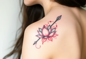 A Sagittarius arrow wrapped in blooming lotus flowers, symbolizing spiritual growth, in soft pink and gold tattoo idea