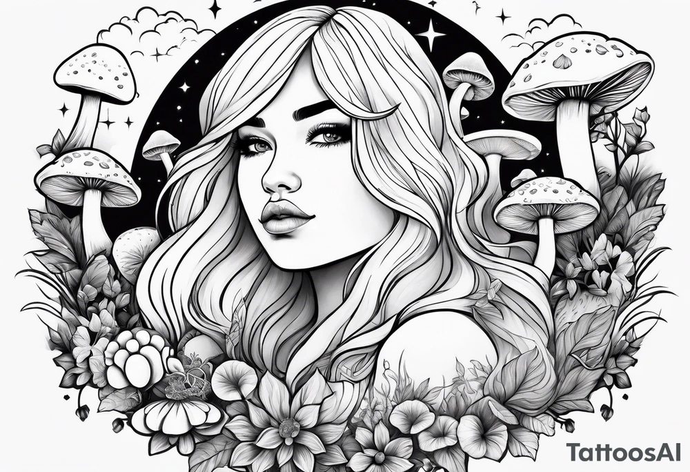 Blonde chubby Girl surrounded by mushrooms crescent moon mountain background tattoo idea