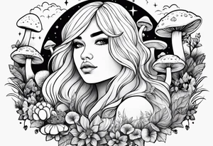 Blonde chubby Girl surrounded by mushrooms crescent moon mountain background tattoo idea