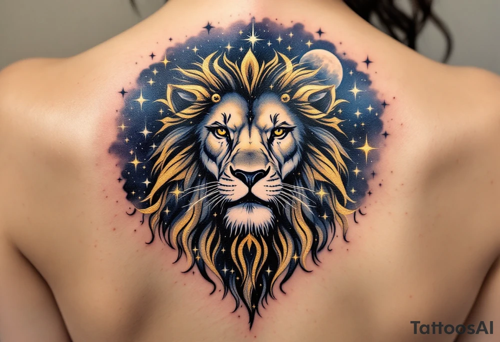 A golden Leo lion roars beneath a constellation of stars inked in shimmering white and navy blue on a galaxy-tinted sky. tattoo idea