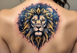 A golden Leo lion roars beneath a constellation of stars inked in shimmering white and navy blue on a galaxy-tinted sky. tattoo idea
