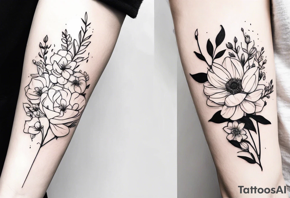 flower bouquet on upper outer arm with birth flower of April and September tattoo idea