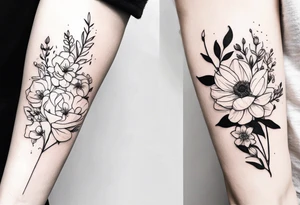 flower bouquet on upper outer arm with birth flower of April and September tattoo idea