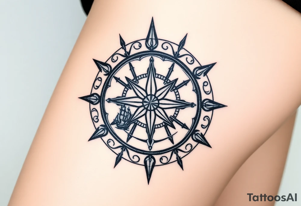 antique compass rose overlaid on weathered world map with sailing ships tattoo idea