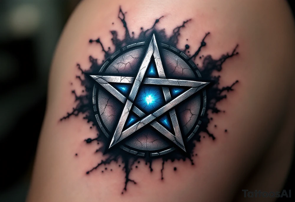 A metallic silver pentagram -  five-pointed star with cracked edges, surrounded by black mist and ethereal blue glow. tattoo idea