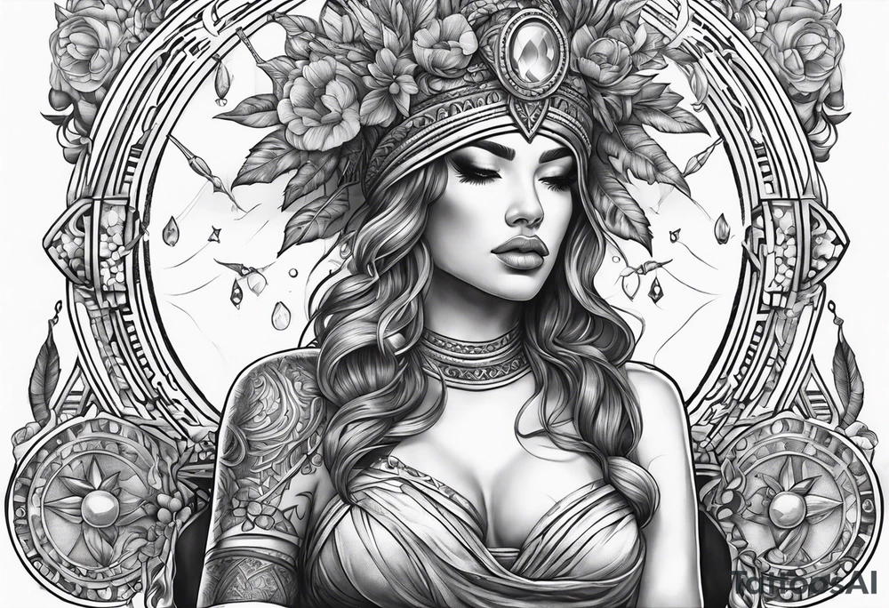 Blind folded goddess with libra and dagger tattoo idea