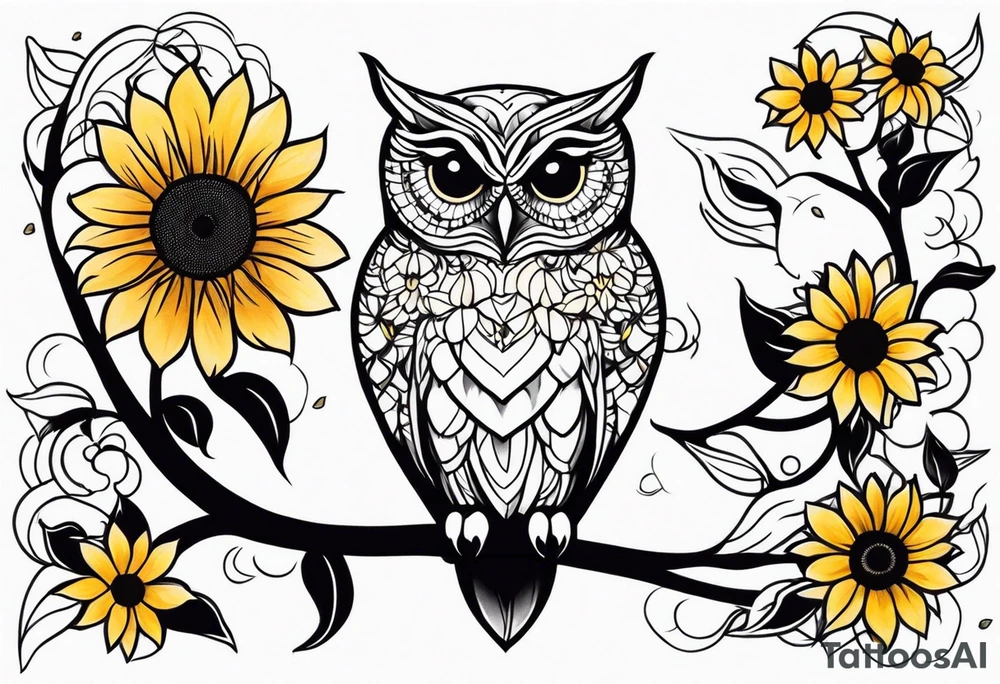 Owl with sunflowers leg sleeve tattoo idea