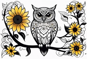 Owl with sunflowers leg sleeve tattoo idea