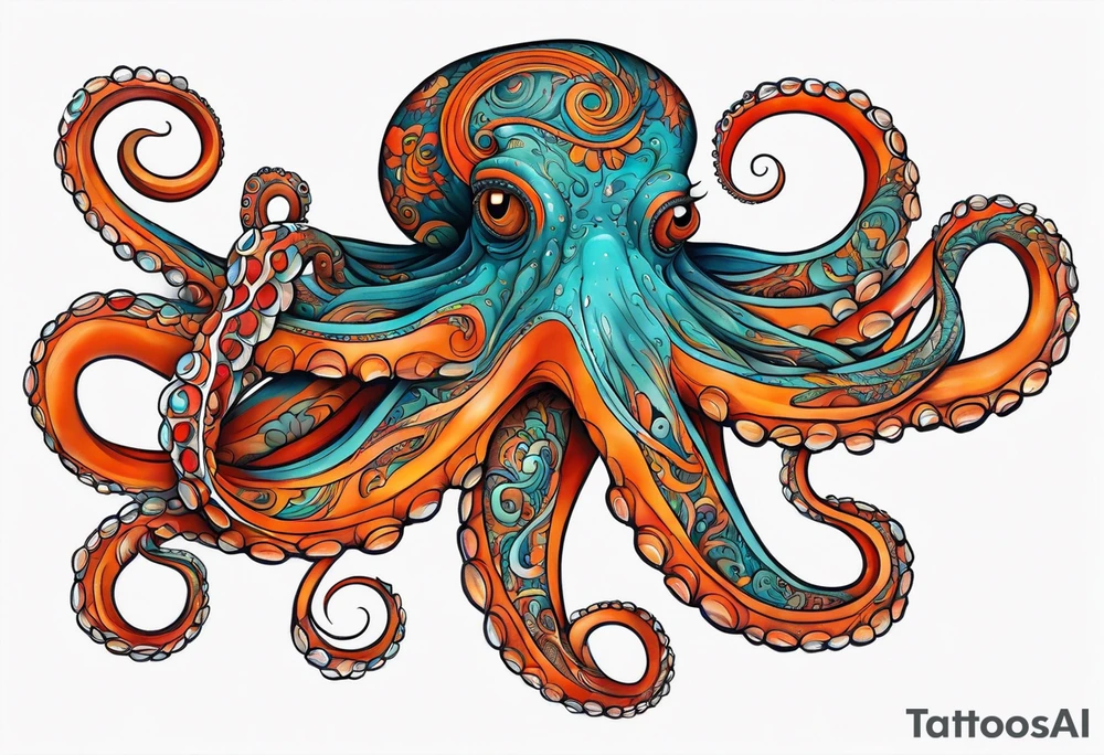 Orange and red Octopus with blue and teal suckers tattoo idea