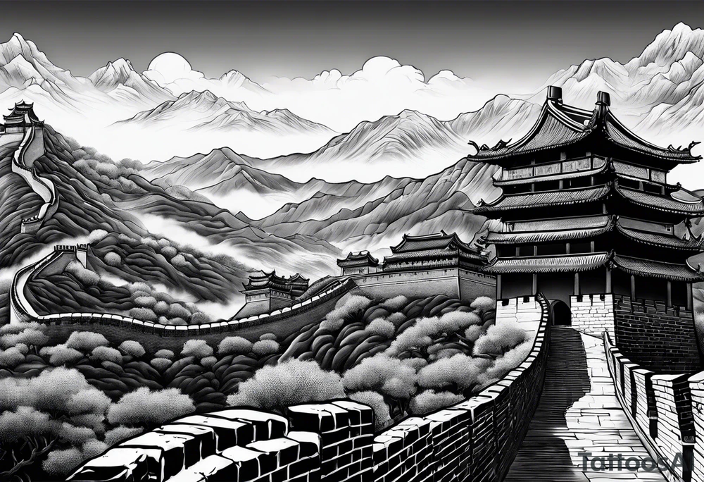 Great Chinese wall, realistic, art, gezeichnet, fine line, black and grey, man, details, chinese tattoo idea