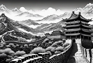 Great Chinese wall, realistic, art, gezeichnet, fine line, black and grey, man, details, chinese tattoo idea
