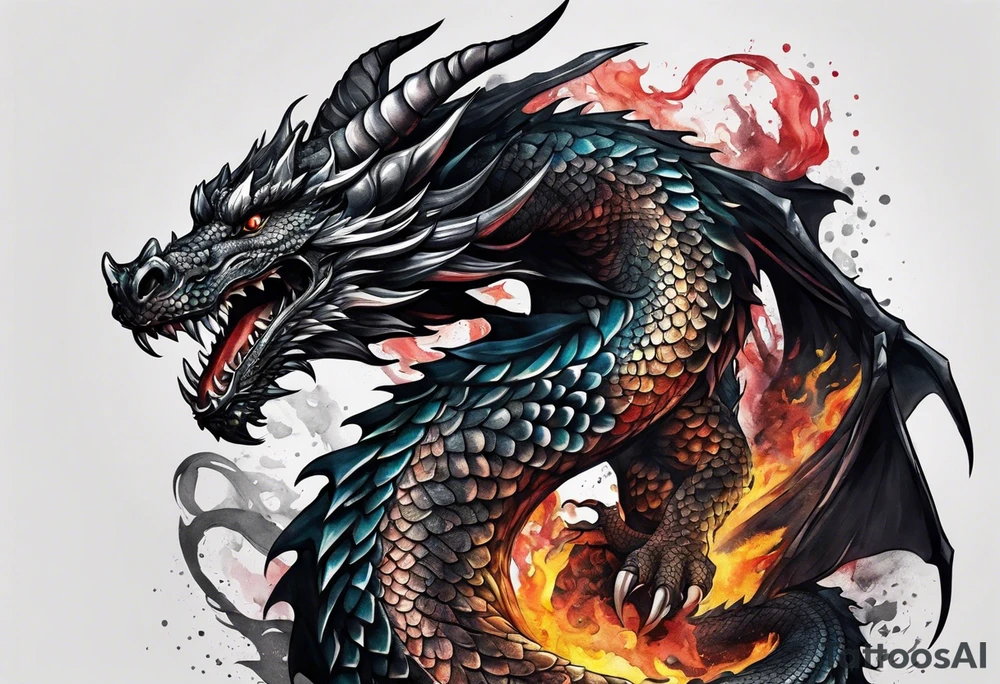 Full body black dragon wrapping around arm tattoo idea