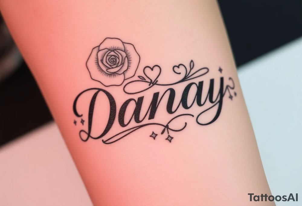 the name Danay, with a background with roses,hearts,sparkles, and other cool stuff. tattoo idea