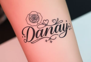the name Danay, with a background with roses,hearts,sparkles, and other cool stuff. tattoo idea