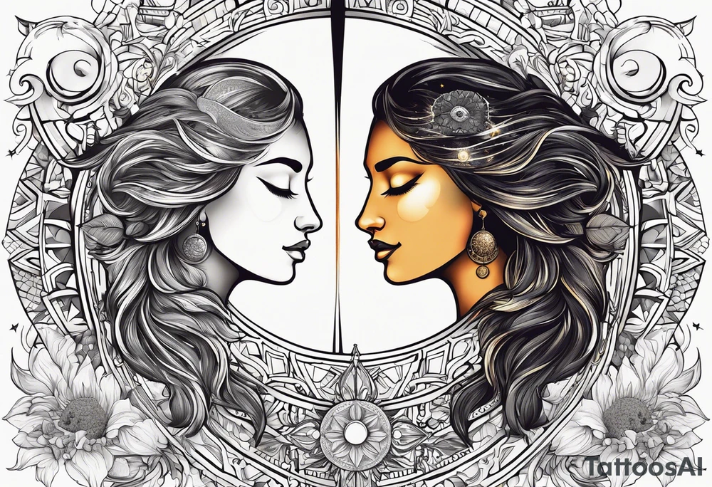 sun and the moon, the overlap
the sun has a woman's half 
face, and the moon, a man's face half tattoo idea