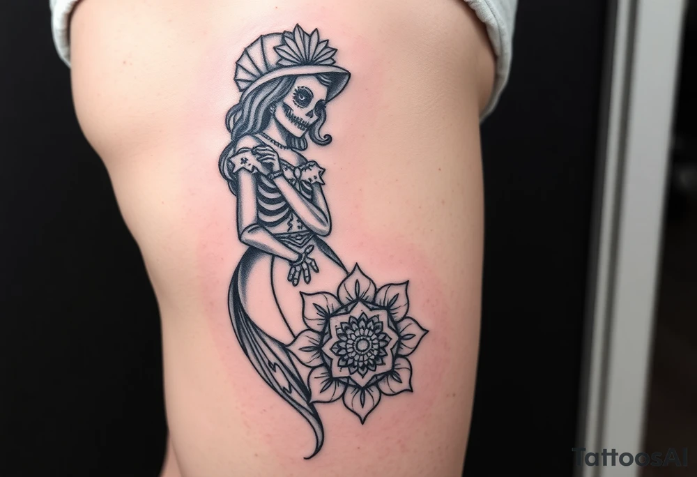 La Catrina in Chicano style on the thigh connected with a mandala on the knee tattoo idea