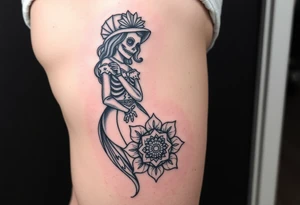 La Catrina in Chicano style on the thigh connected with a mandala on the knee tattoo idea