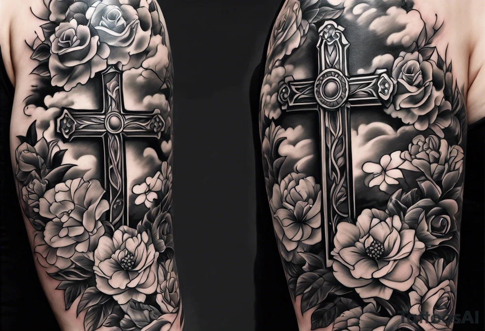 womens christian tattoo sleeve with flowers and a plain cross in the middle with clouds tattoo idea