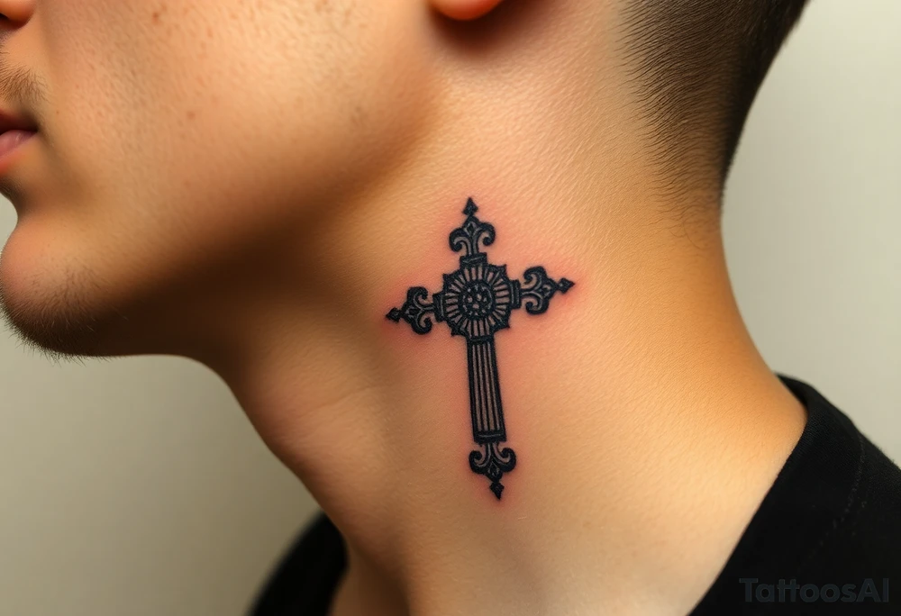 orthodox christian cross relatively small on side of left neck tattoo idea