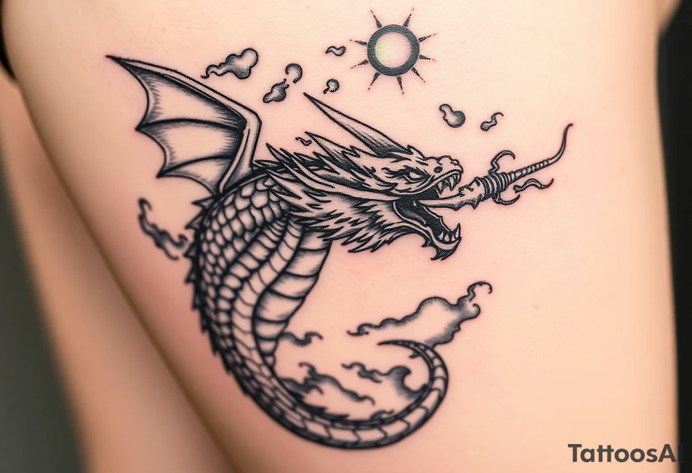 fierce dragon breathing iridescent fire against stormy skies tattoo idea