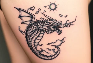 fierce dragon breathing iridescent fire against stormy skies tattoo idea
