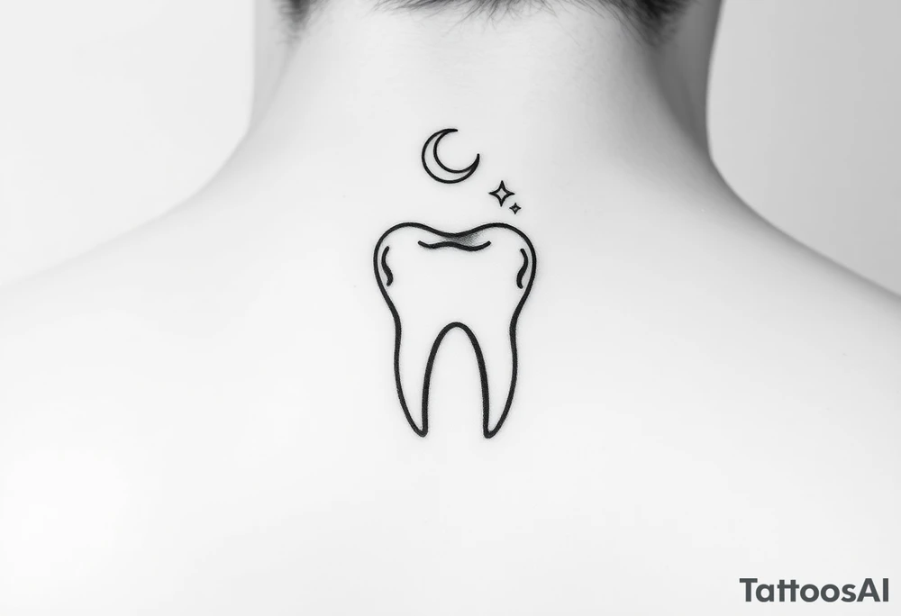 Fine-line minimalist molar tooth outlined in black, with a tiny crescent moon above it and two delicate stars, minimal shading, airy and elegant, perfect for a small behind-the-ear tattoo.” tattoo idea