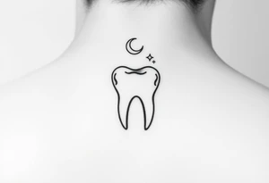 Fine-line minimalist molar tooth outlined in black, with a tiny crescent moon above it and two delicate stars, minimal shading, airy and elegant, perfect for a small behind-the-ear tattoo.” tattoo idea