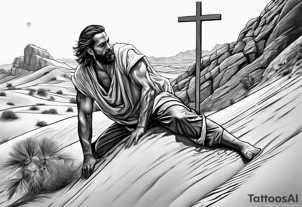 man crawling in a desert reaching to the cross of Christ tattoo idea