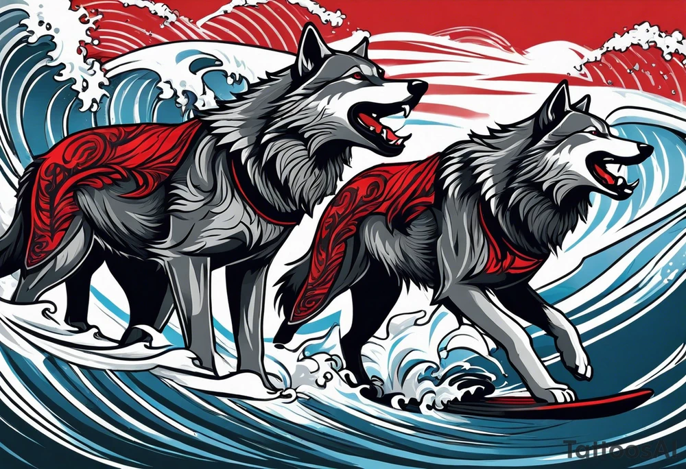 a pack of 3 howling muscular  gray wolves surfing waves with a linear background with red, white and black and gray including the word Howler in an aggressive script font tattoo idea