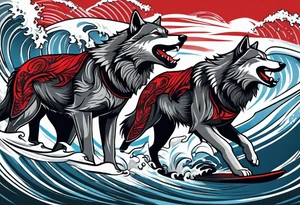a pack of 3 howling muscular  gray wolves surfing waves with a linear background with red, white and black and gray including the word Howler in an aggressive script font tattoo idea